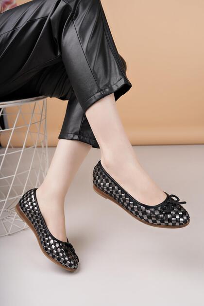 D25Ya 525 Black Platinum Genuine Leather Women's Ballerinas