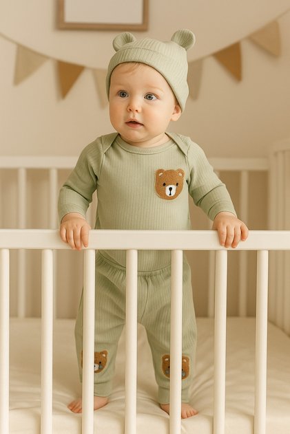 Organic Cotton 3-Piece Ribbed Fabric Baby Girl and Boy Children's Top and Bottom Pajama Set