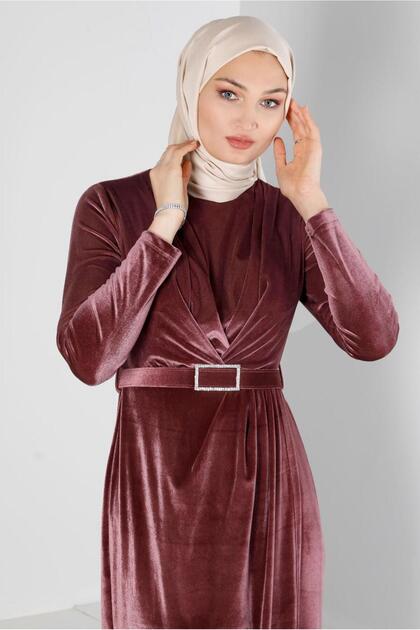KEMERİ TAŞ DETAYLI KADİFE ABİYE ELBİSE 50282