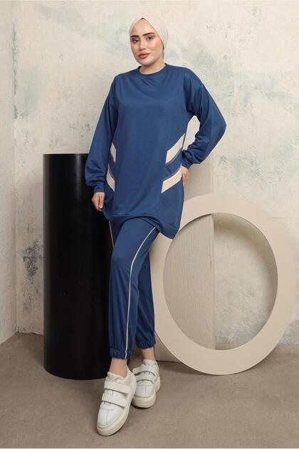 KADIN LACİVERT (İNDİGO) ŞERİT DETAYLI PANTOLONLU EŞOFMAN TAKIM T 1043