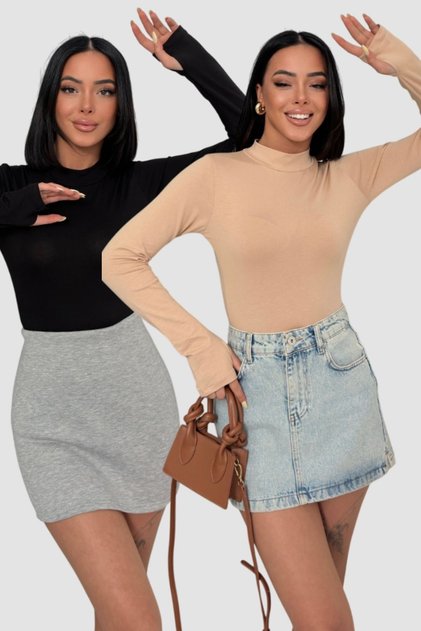 Women's 2-Piece Cream Black Finger Detailed Finger Snap Body Long Sleeve Fisherman Finger Snap Blouse