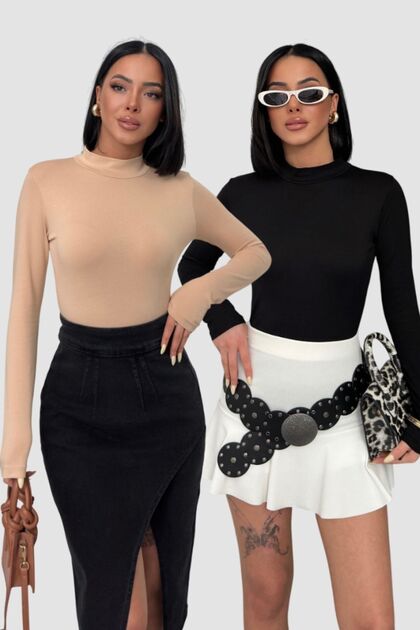 Women's 2-Piece Long Sleeve Body Black, Beige Half Turtleneck Body Cotton Bodysuit 2Pcs