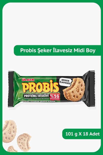 PROBİS Şeker İlavesiz Proteinli Bisküvi - Kakaolu ve Muzlu Kremalı - 101 gram - 18 Adet