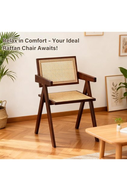 Mid-century modern armchair - solid wood frame armchair with rattan for home or office