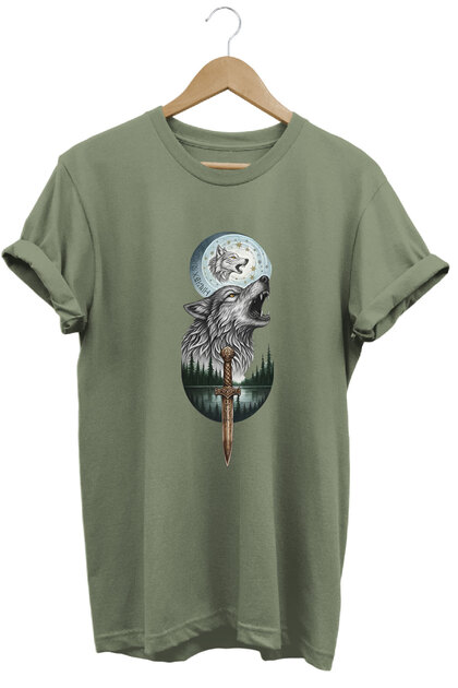 Wolf and Moon Star Crescent Printed Landscape and Trees Turcism Turkey Unisex Basic T-Shirt