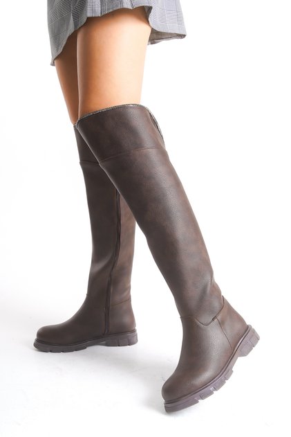 Women's Boots Brown Leather Riding Over-The-Knee Stoned Non-Slip Sole Zippered Kety