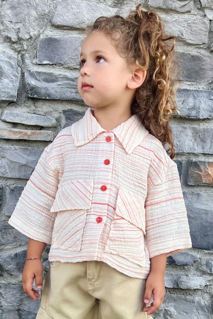 Girl's Belted Shirt with Pockets, 5-14 Years, Ecru