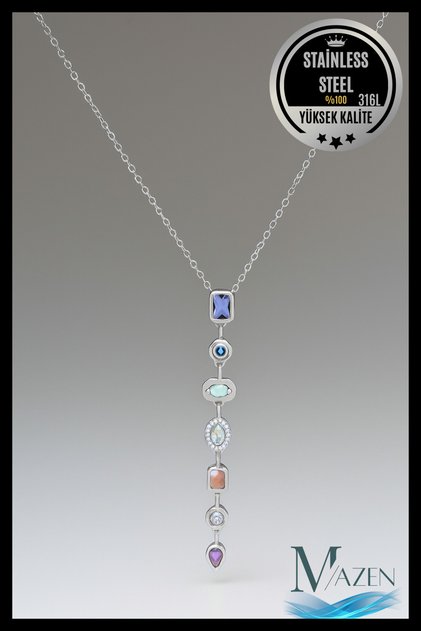 100% Steel 7 Stone Y Necklace – Geometric Stone Detail, Stylish and Premium Design
