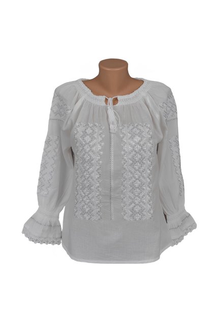 Bluza Tip Ie Traditionala Alba cu Motiv Geometric Argintiu de Dama - IMS117 S