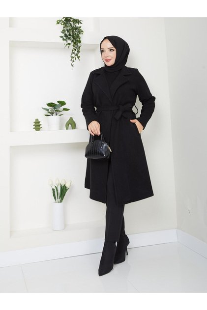 Women's 110 cm Length Unlined Cashmere Coat with Pocket and Belt Details