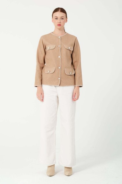Hatunatila Crochet Four-Pocket Look Cashmere Jacket 7867 Mink