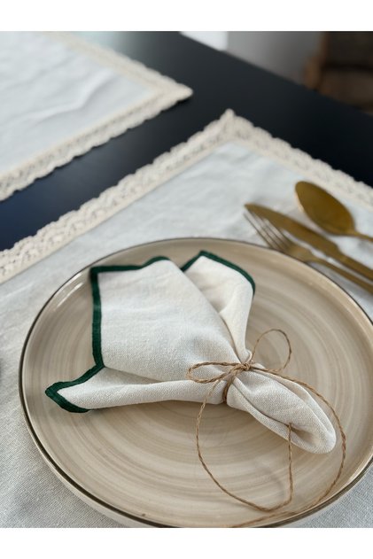 2-Pack Natural Embroidered Green Detailed Linen Napkins 35cm