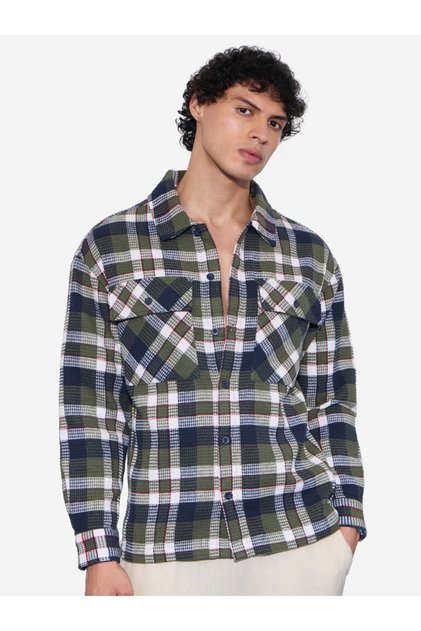 Men Green Checked Flannel Textured Shirt