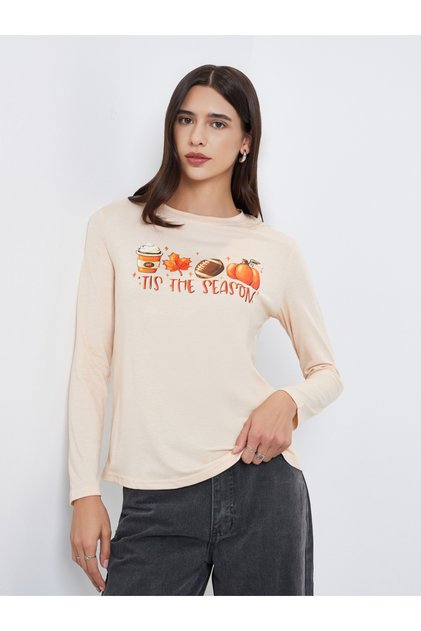 Beige Tis The Season Graphic Print T-Shirt