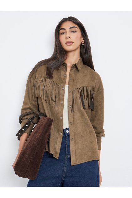 Brown Tassel Trim Suede Look Shirt
