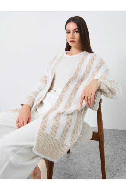 Striped Open Front Furry Knit Cardigan