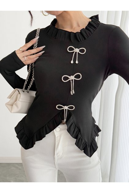 Flounced Detail Rhinestone Bow Detail Slit Hem Top