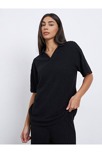 Black Ribbed Collared Oversized Top