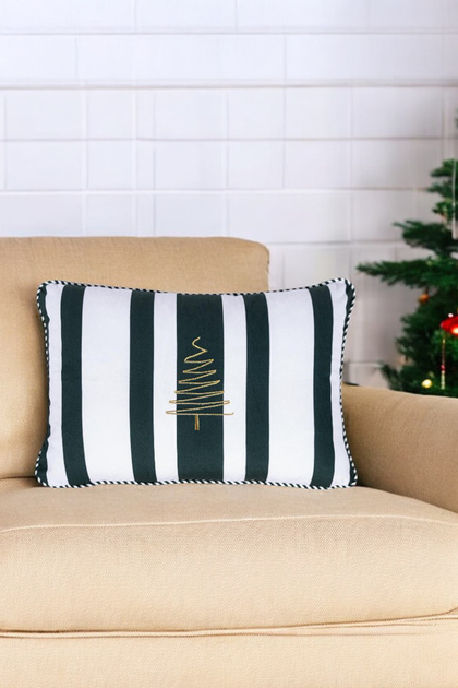 Christmas Themed Cartoon Patterned Pine Embroidered Decorative Throw Pillow Cover - Navy Blue