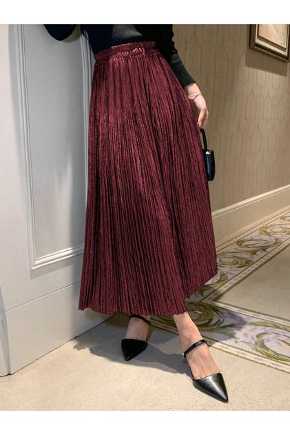 Solid Elastic Waist Pleated Detail A-Line Maxi Skirt