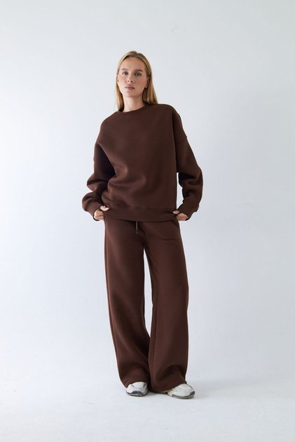 Unisex Oversized Tracksuit Set Basic Brown – Crew Neck, Wide Legs, 3 Thread Fleece-Lined Fleece