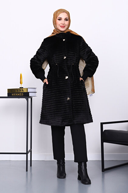 Black Angora Fur Coat with Elastic Waist