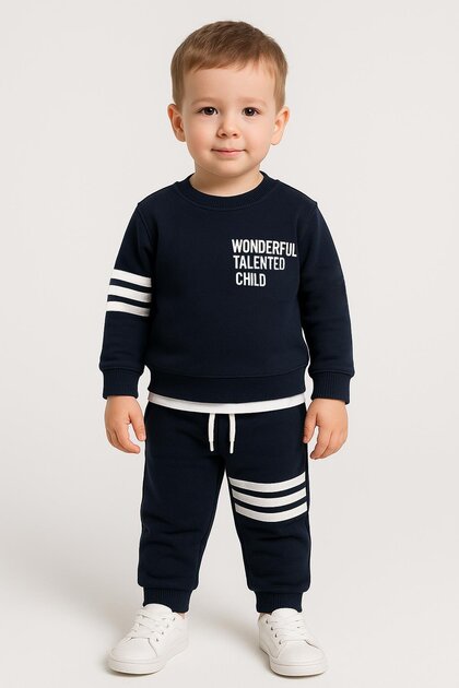 Paneled Striped Detail Navy Blue Color Boy's Tracksuit Set