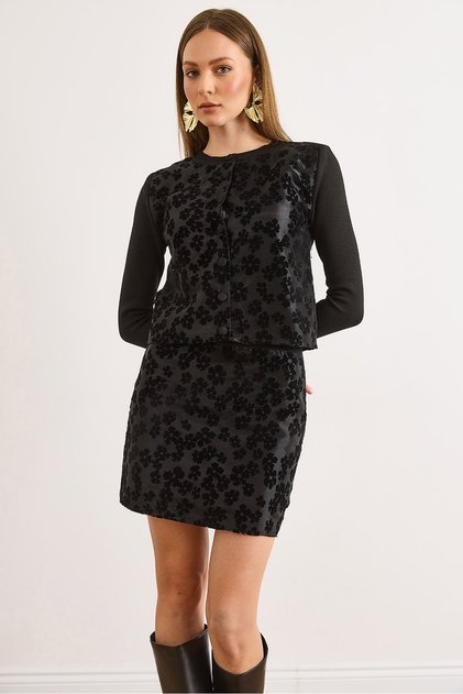Women's Black Paneled Piece Stylish Knitwear Set Tkm-19000460