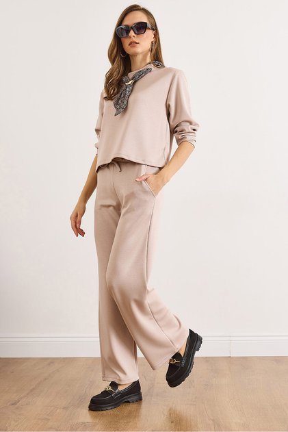 Women's Stone Modal Buttoned Trendy Bottom Flowy Suit Tkm-19000462