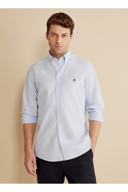 Regular Fit Düğmeli Yaka Mavi Erkek Gömlek BBFW25MSH007
