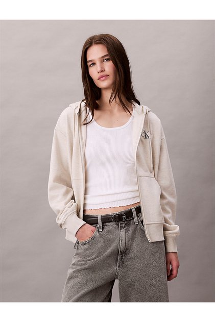 Kadın Rahat Kesim Fermuarlı Kapüşonlu Nakış Logolu Sweatshirt - Bej