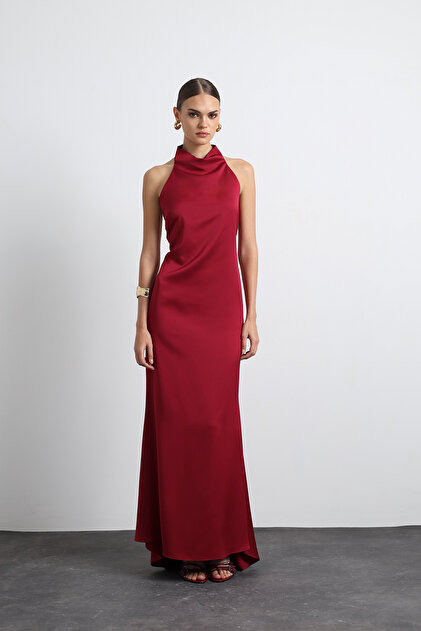 Mozto Halley Halter Neck Maxi Burgundy Satin Dress- Trendyol