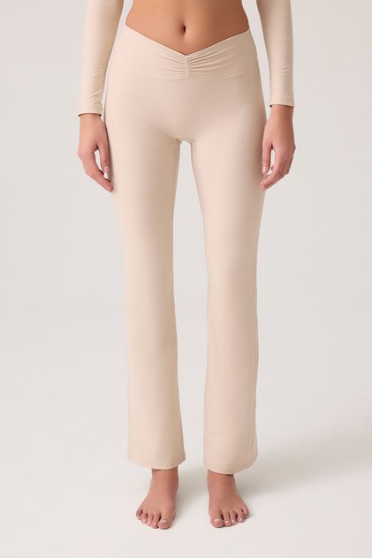 X Ece Beige Melange Belt Detailed Flared Pants Ruched & Flared