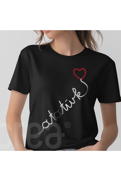 Ataturk Crystal Stone Heart Printed Printed Cotton Crew Neck T-Shirt Black-Black