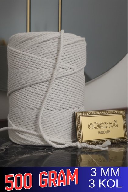500 GRAM 3 MM 3 KOLLU EKRU PAMUK MAKROME ÖRGÜ İPİ