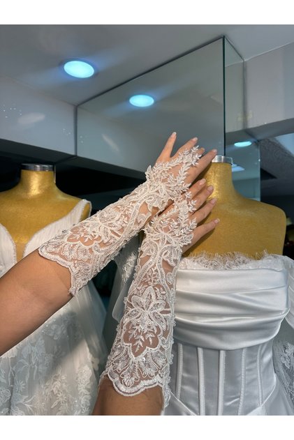 Dantelli Eldiven Gelinlk Abiye After İçin Parmaklı Eldiven