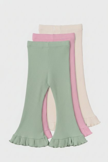 Girl's Ruffled 3-Pack Spanish Flare Leggings Dark Green-Powder-Beige