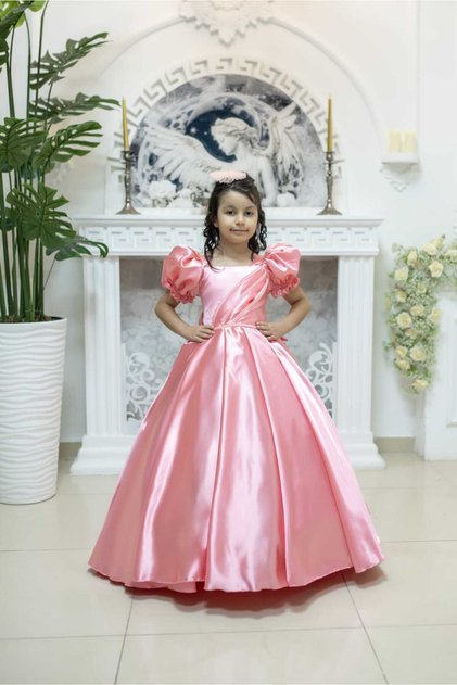 Pink Powder Satin Pleated Watermelon Sleeve Princess Model