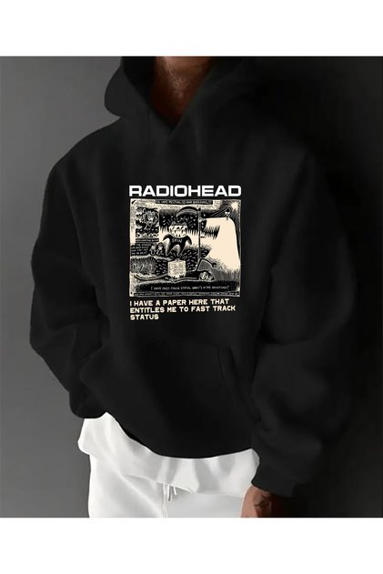 Radiohead Print Detailed Hooded Sweatshirt Black