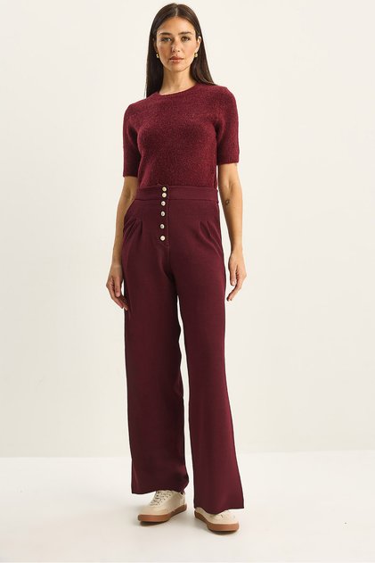 Women's Burgundy Gold Button Detailed Pleated High Waist Palazzo Trousers 60282038