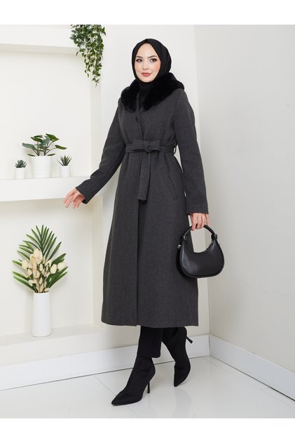 Women's New Season K Double-Breasted Collar with Buttons, Fur Collar with Belt, Knee-Length Coat