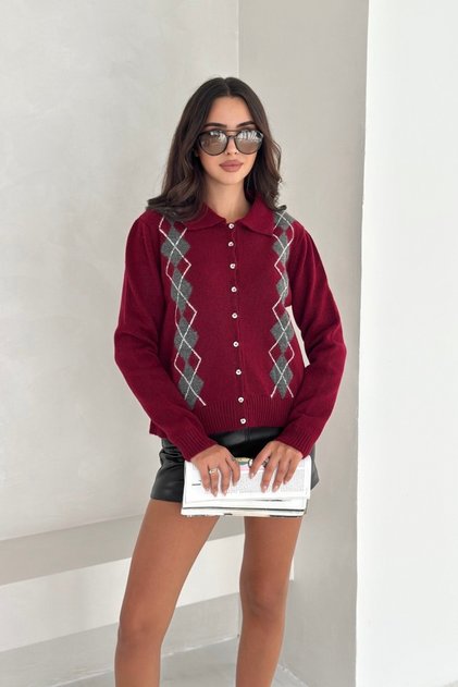 Baklava Patterned Polo Neck Knitwear Cardigan Aw25Hi0056