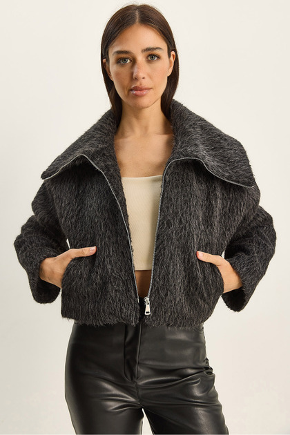 Women's Anthracite Wide Collar Pocket Detailed Lined Embroidered Cashmere Crop Coat 0211 60283819