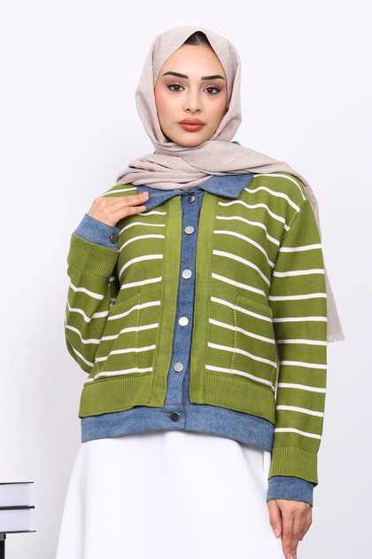 Green Buttoned Denim Detailed Knitwear Cardigan