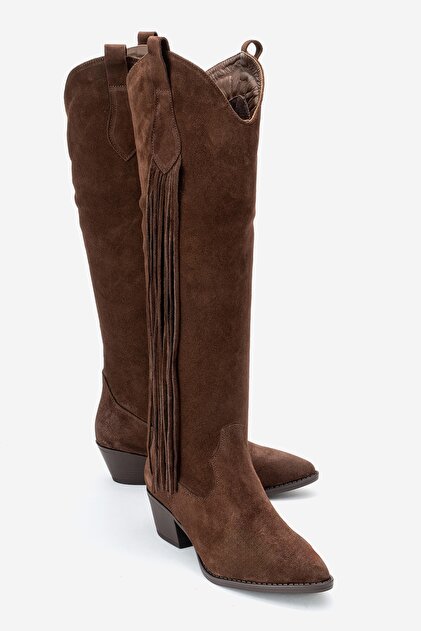 Ri̇os Brown Genuine Leather Suede Tasseled Women's Thick Heeled Boots