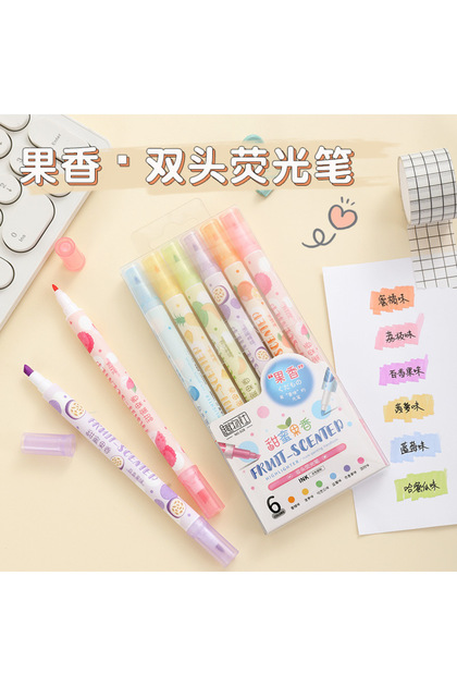 Kawai Fruits Fruits 6 Pieces 1 Pen 2 Tips Felt Tip Highlighter Marker Pen School Office Gift