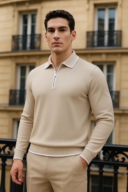 Men's Trend Zippered Beige Long Sleeve Polo Neck T-Shirt