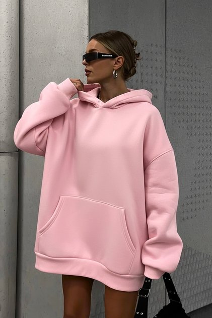 Unısex Pembe Yumuşacık Kumaşlı Oversize Fit Ici Polarlı Kapüşonlu Sweatshirt Hoodie