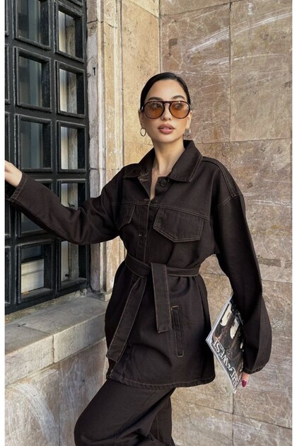 Pocket Detailed Belted Navy Blue Denim Premium Jacket Jean Suit Hijab Clothing Women's Hijab Jeans Suit