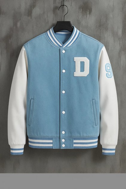Jachetă college din denim premium oversized pentru bărbați, albastru gheață